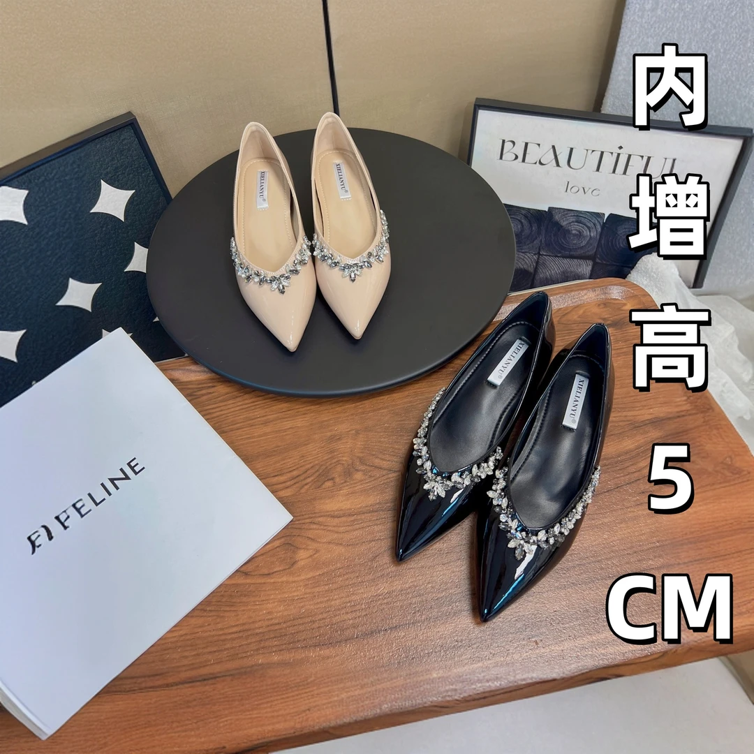 尖头内5cm单鞋气质尖头裸色水钻漆皮内黑色漆皮女鞋百搭时尚浅口