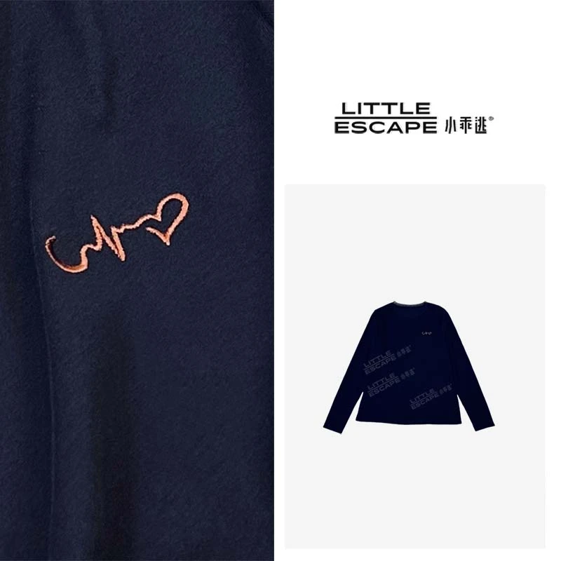 小乖逃D新款白色藏蓝色T恤夏季边长袖时尚刺绣休闲心电图 S25389