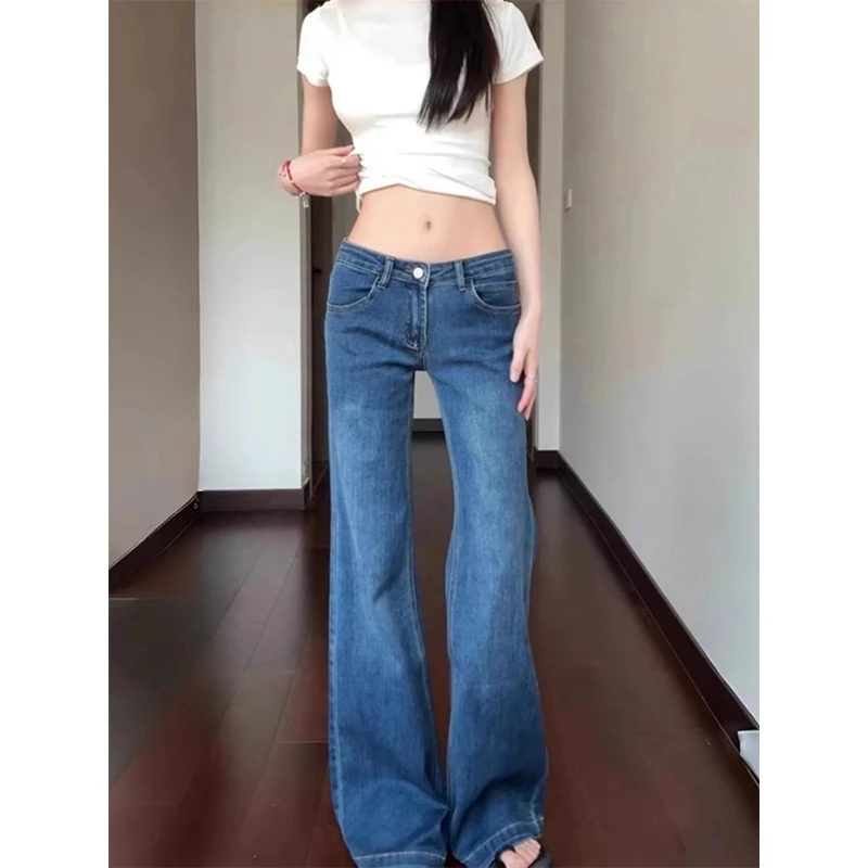 深蓝色微喇叭牛仔裤女冬季新款低腰弹力修身显瘦百搭直筒拖地裤子