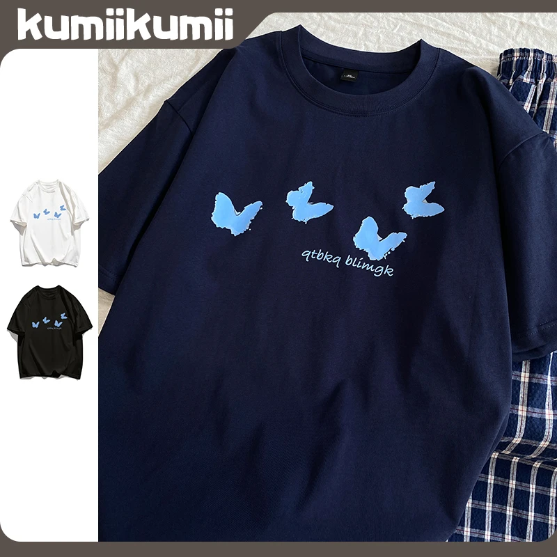 2025新款夏季创意ins简约蓝色蝴蝶短袖宽松纯棉半袖上衣美式t恤女