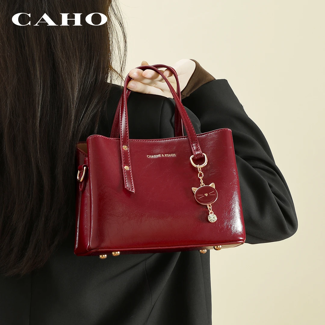 CAHO红色包包女高级感油蜡皮手提包婚包新娘大容量妈妈包日常可用