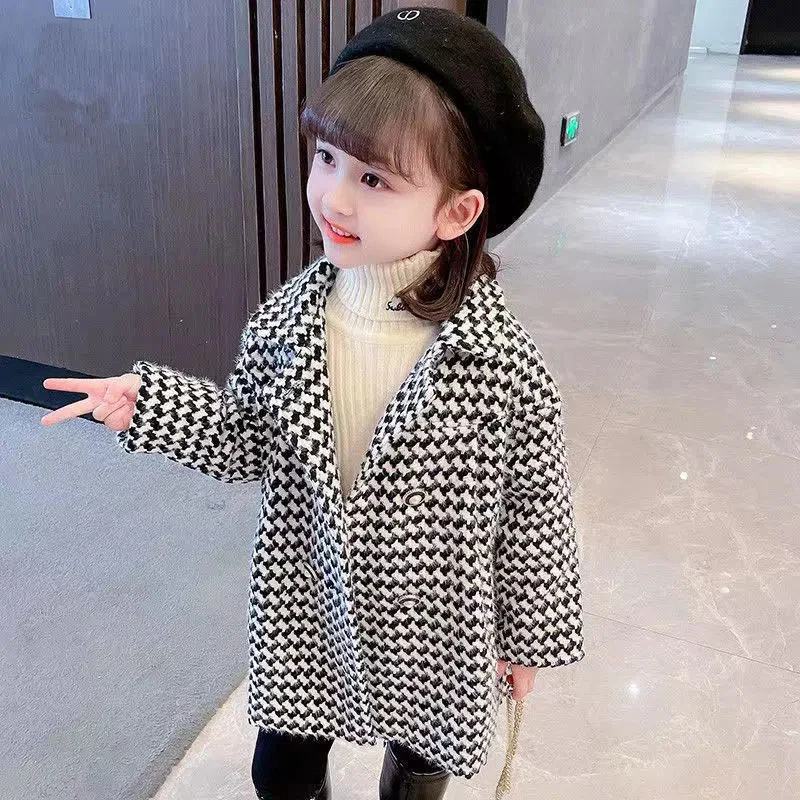 巴拉巴拉男孩女孩小香风女童春秋季呢大衣2025新款千鸟格韩版炸街