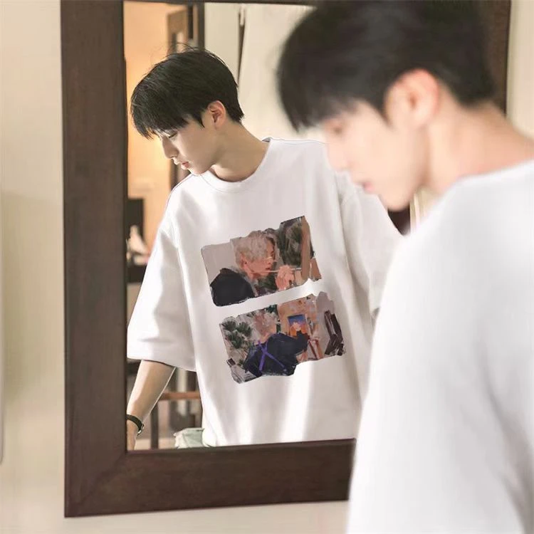 （重磅纯棉）夏季新款短袖百搭人物油画印花潮流时尚男生透气T恤