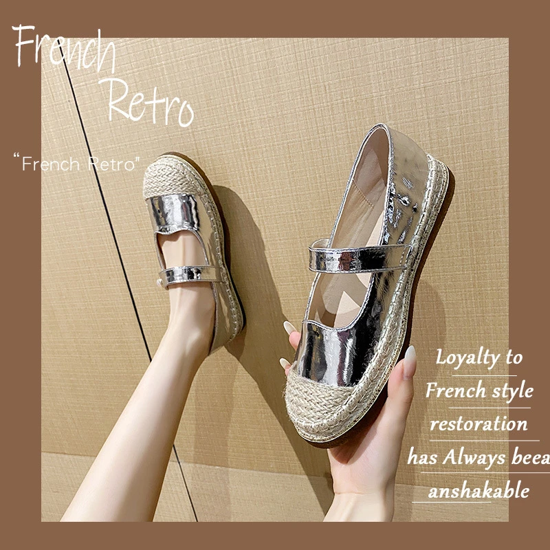 真皮单鞋女2025春季新款法式渔夫鞋一脚蹬小香风银色平底玛丽珍鞋