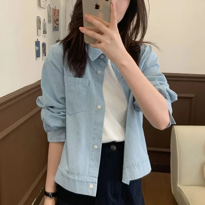 欧货时尚纯色拼接条纹牛仔衬衫女2025年春秋新款翻领休闲百搭外套