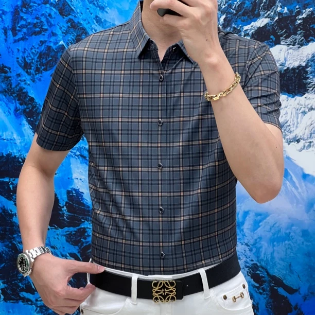 25 桑蚕丝 男士短袖衬衫商务休闲提花免烫薄款夏季潮流印花寸衫