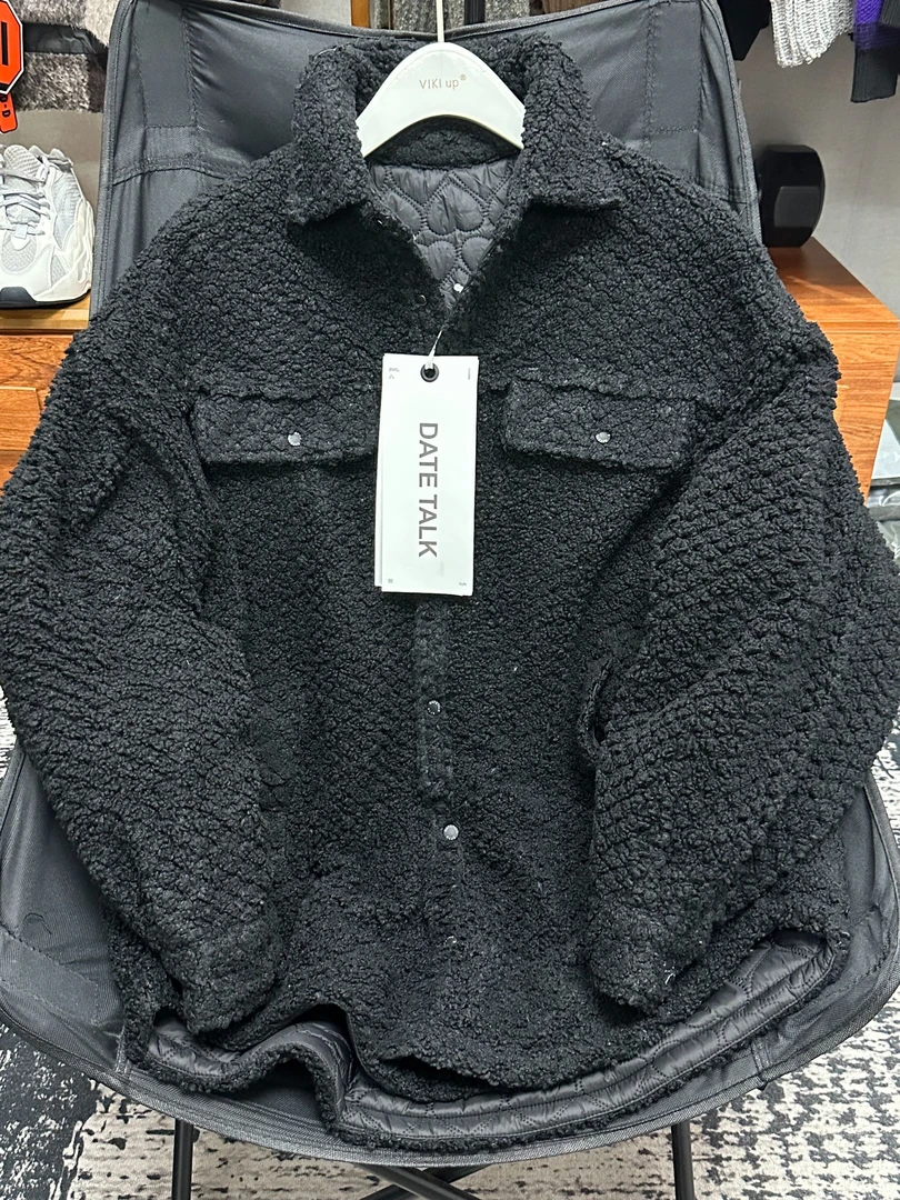 冬季时尚保暖潮流宽松阔版日言颗粒绒拼接百搭棉服外套-95102