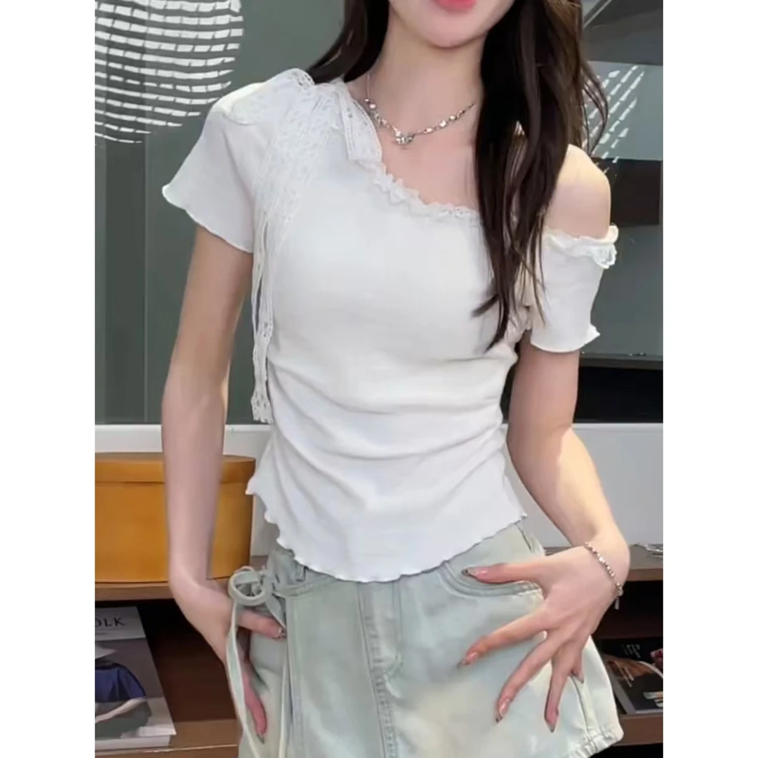 韩系纯欲露肩斜领蕾丝纯色短袖T恤女春夏新款高级感修身显瘦上衣