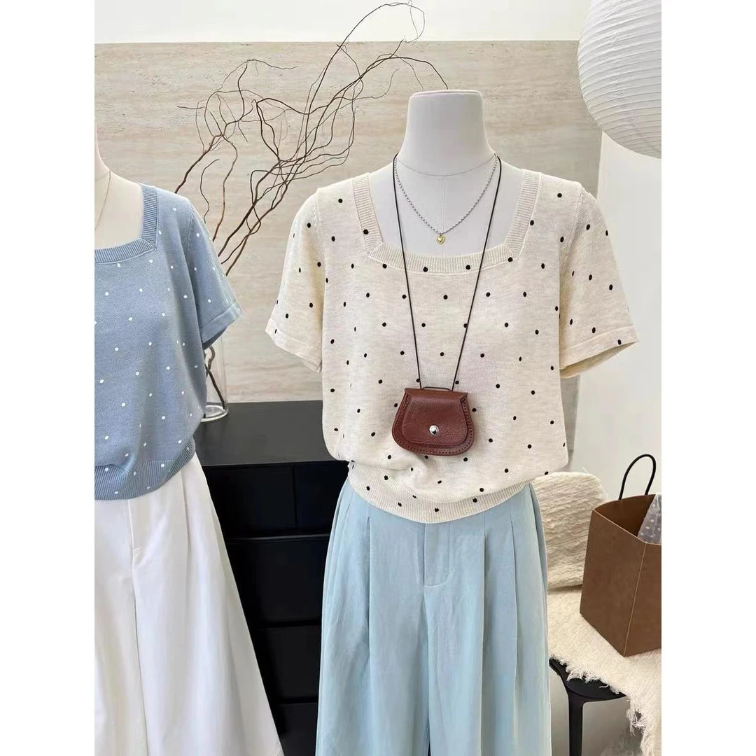 西木柒方领小波点短袖针织衫大码女装夏季新款法式女宽松小衫上衣