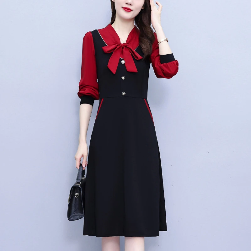 大码女装2025春秋胖纯色拼接蝴蝶结系带修身洋气长袖连衣裙淑女