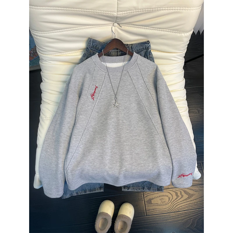 韩版加绒刺绣卫衣男款秋冬设计感圆领长袖t恤美式休闲情侣上衣服