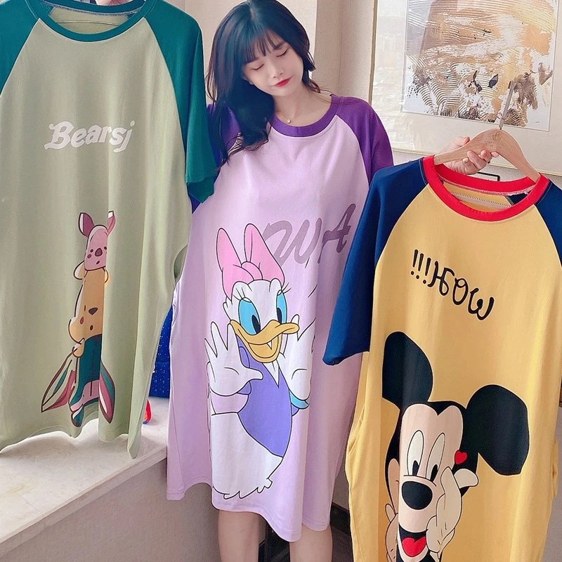大码裙女卡通宽松短袖夏季春秋中长款家居服文化裙休闲睡裙