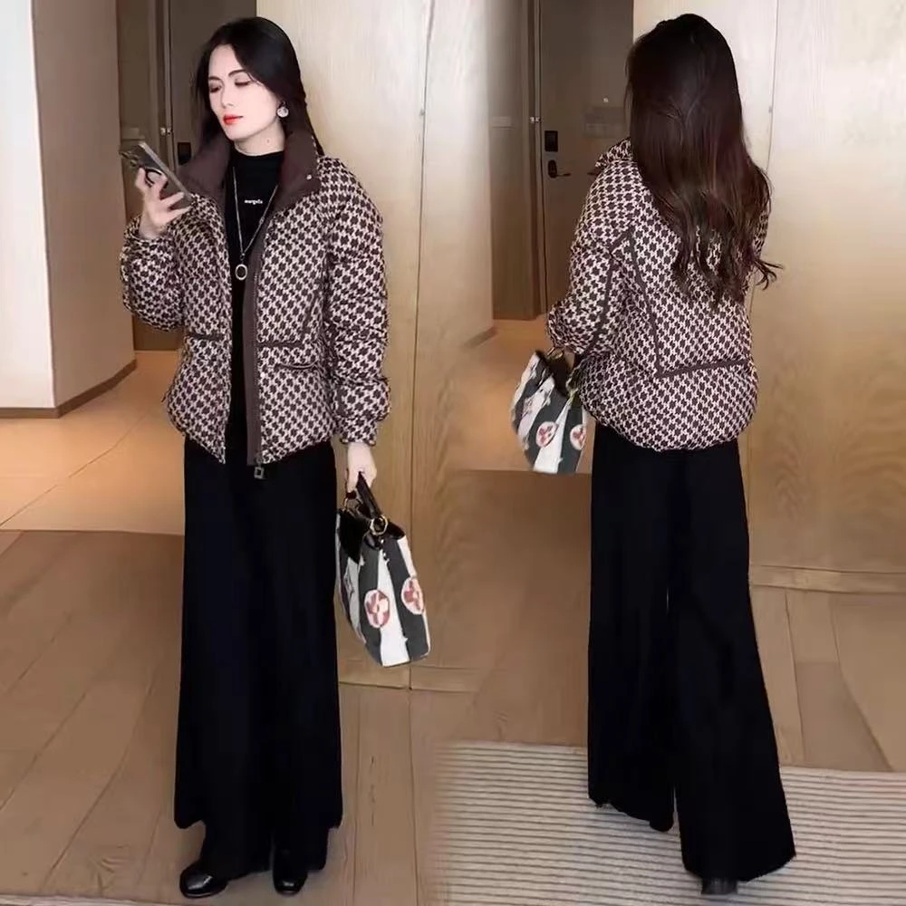 时尚千鸟格棉服外套女2025冬季新款加棉小个子复古保暖外套潮