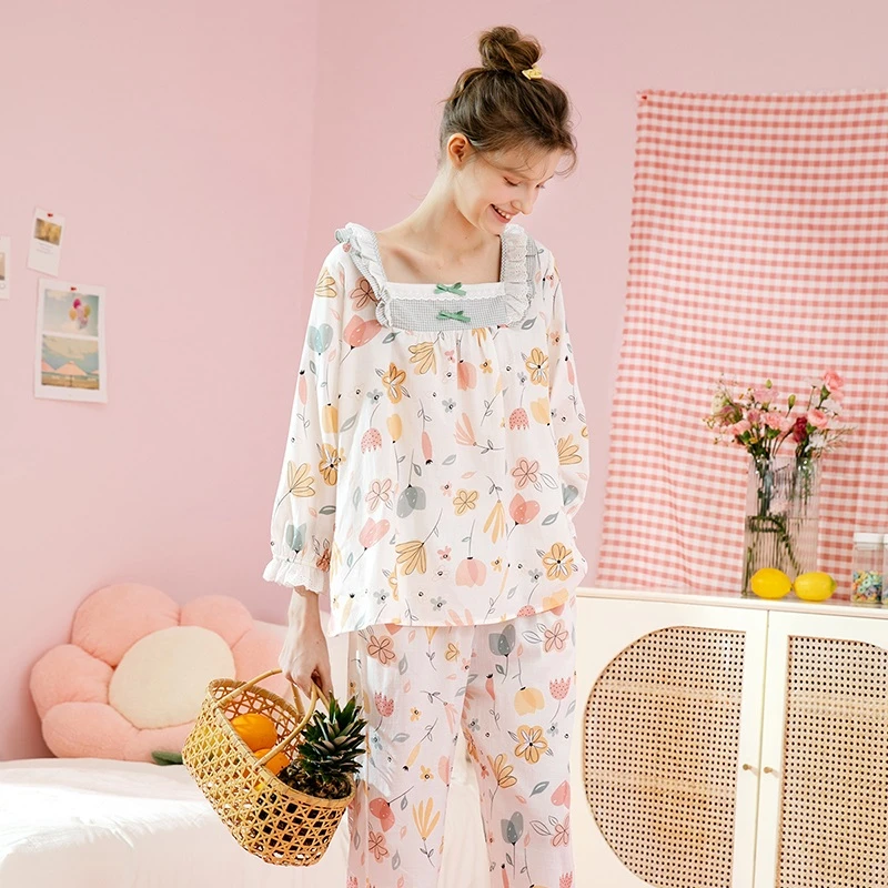 芬腾梭织纯棉睡衣女田园碎花甜美家居服套装X98410998