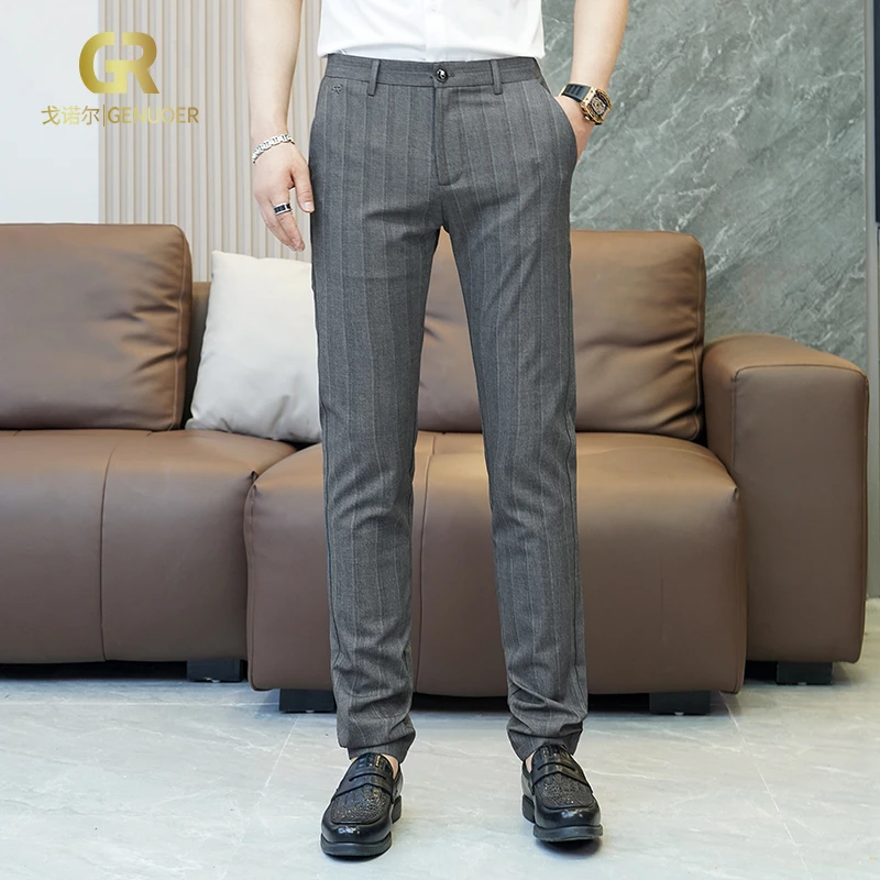 戈诺尔春夏季男士灰色条纹休闲裤2024商务休闲西裤绅士通勤长裤子