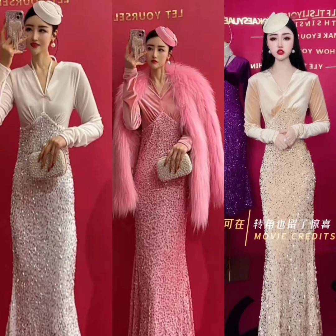 v领金丝绒长裙显瘦包臀紧身连衣裙2025春秋新款法式气质心机女装