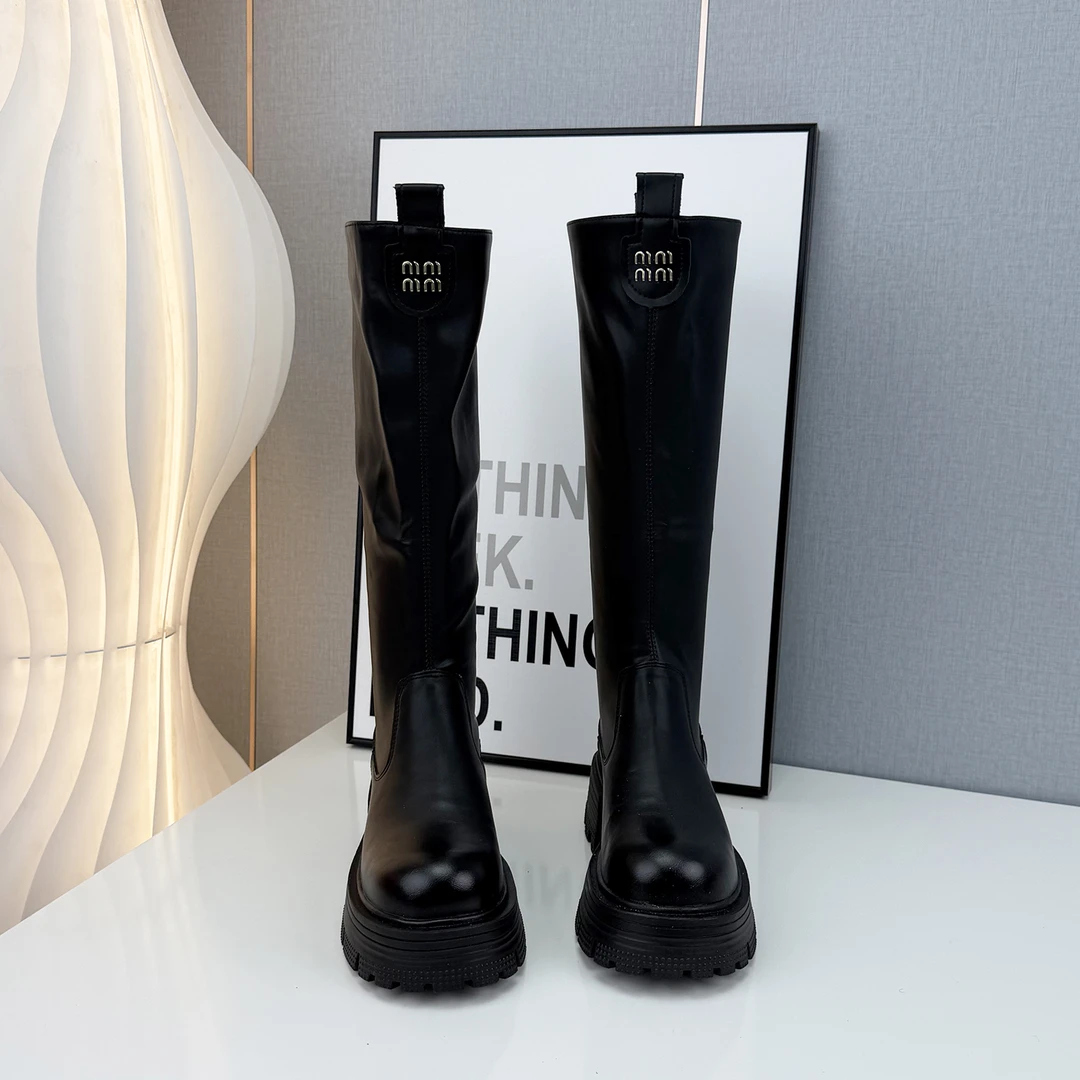 网红爆款黑色长筒靴女秋冬季2025新款加绒厚底增高不过膝高筒长靴