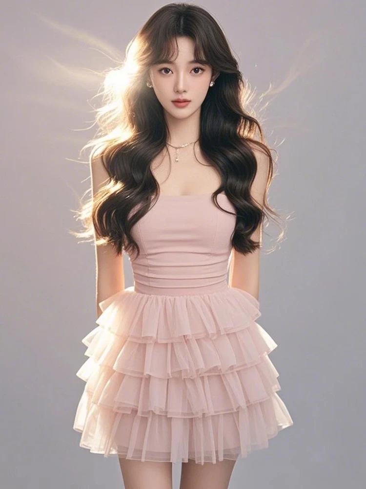 【KEKE】时尚甜美少女感抹胸连衣裙女春夏纯欲风法式收腰蓬蓬蛋糕裙