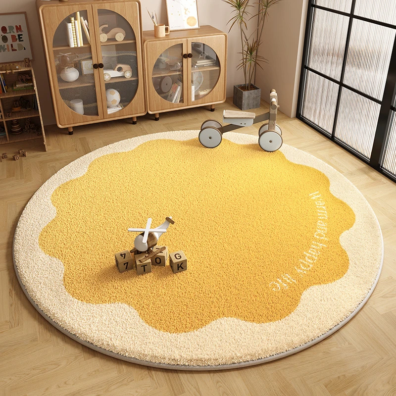 奶油风圆形仿羊绒地毯儿童房卧室床边毛绒地垫婴儿玩耍爬行地毯