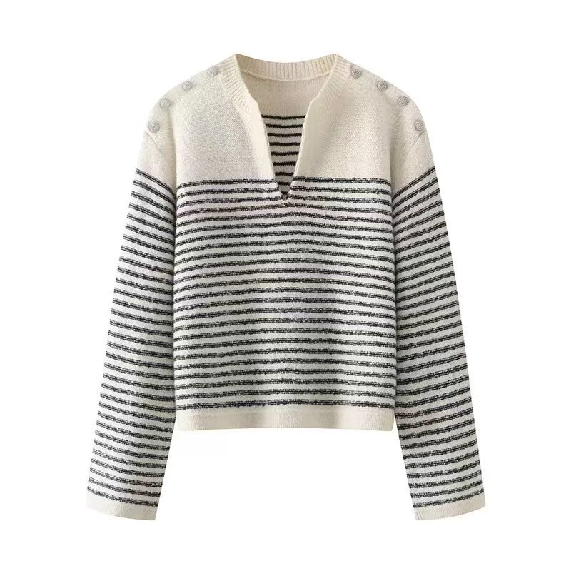 现货D条纹拼色V领针织衫长袖条纹时尚重工镶钻套头毛衣春秋女装