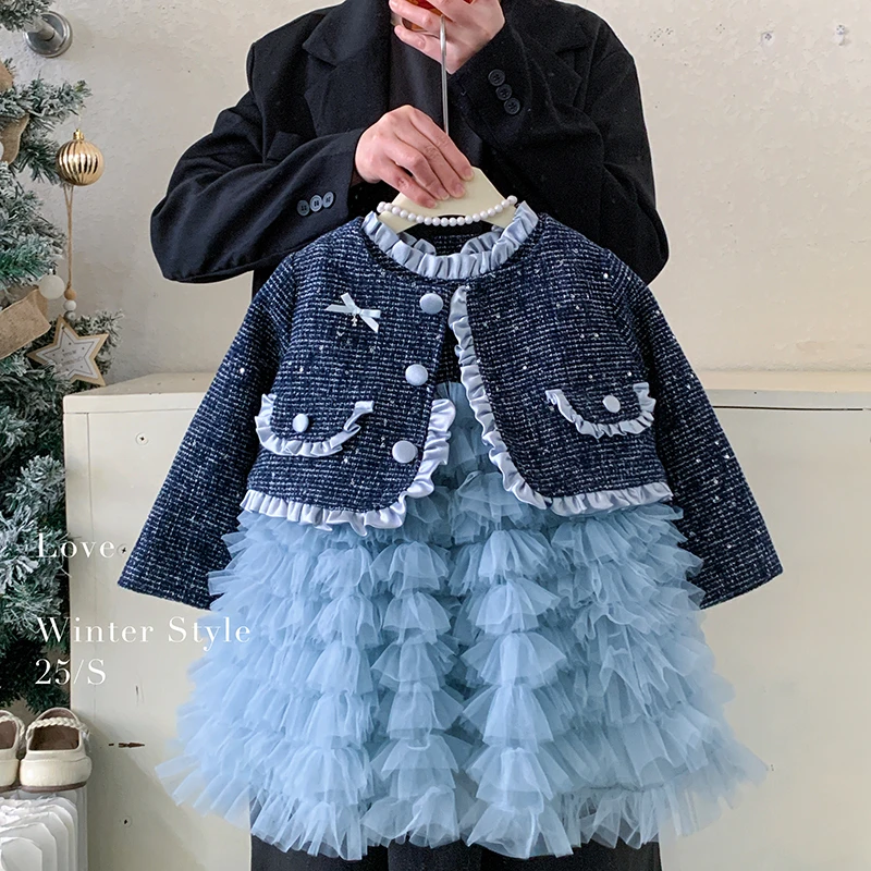 秋冬"梦调洇蓝"女童袖子加厚内里加绒外套+无袖加绒连衣裙B25101