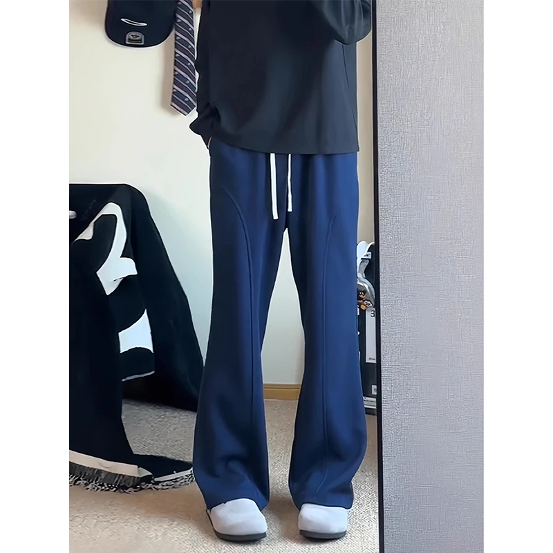 藏青色美式斜切弯刀卫裤男款秋季vibe微喇裤子cleanfit直筒运动裤