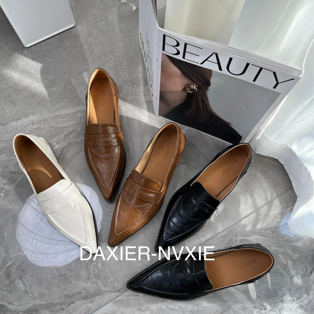 新款复古气质软底粗跟尖头乐福鞋舒适时尚休闲百搭低跟单鞋女