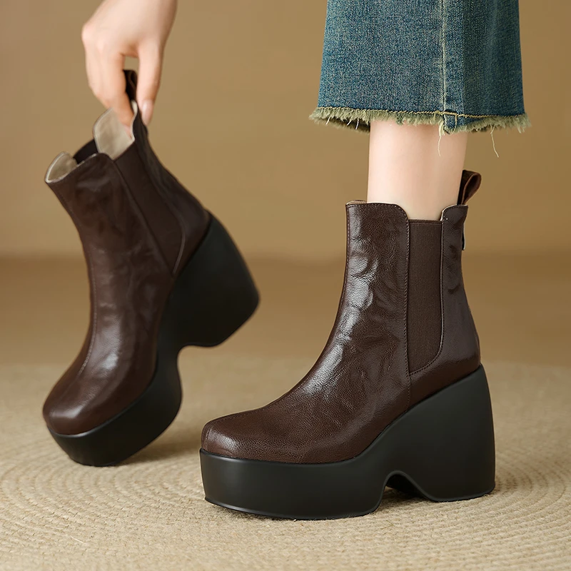 小个子9.5cm厚底坡跟短靴女2025新款秋冬真皮高跟切尔西靴烟筒靴