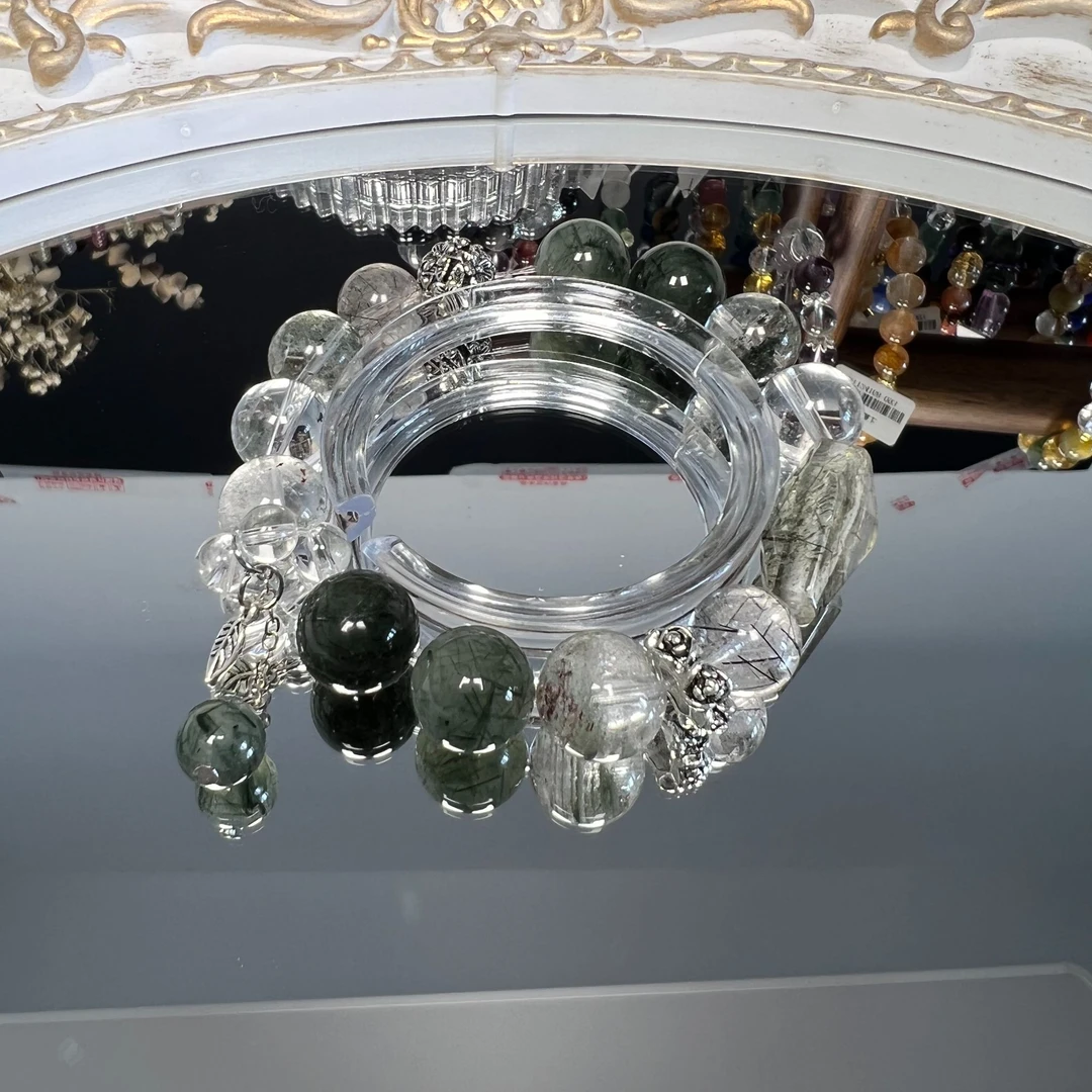 A004 天然水晶手串手链 绿发晶+白水+黑发+绿幽灵