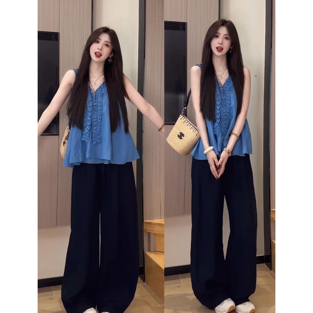 高级感克莱因蓝色v领吊带背心衬衫女夏无袖木耳边娃娃衫露肩上衣