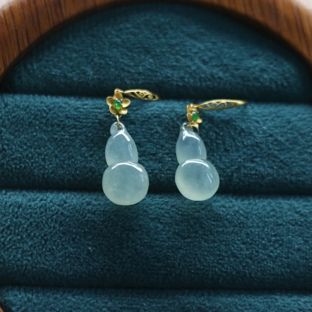 51天然缅甸翡翠A货18k冰葫芦耳饰/700676/上海嘉禾拍卖