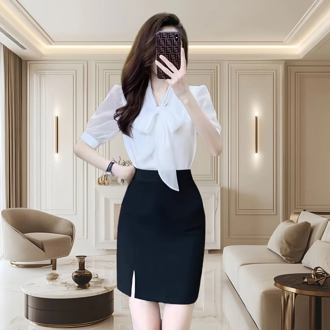 白色衬衫短袖气质时尚小众开叉包臀裙轻熟美容师显瘦洋气法式御姐