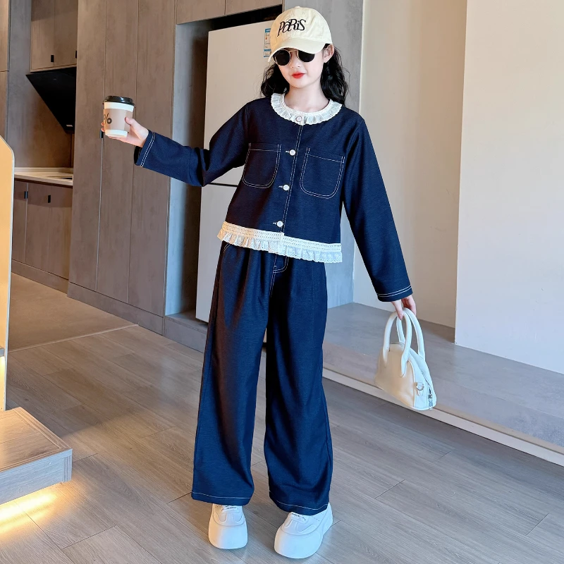 女童秋装牛仔套装2025新款儿童洋气外套大童女孩时髦阔腿裤两件套