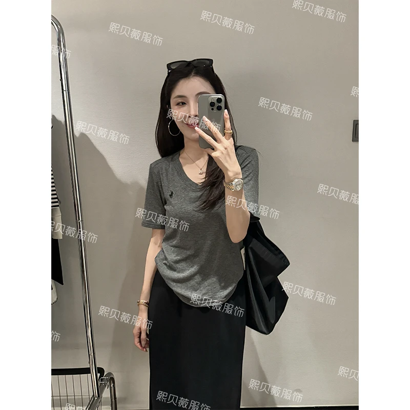 熙贝薇5【刺绣小标】欧货天丝羊毛上衣夏季V领简约短袖T恤 G7767