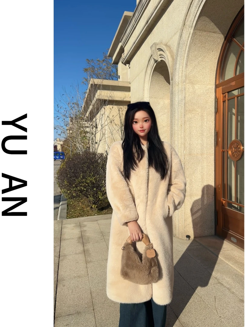 【语安家】2024冬季大码新款立领落肩白色显瘦毛毛外套时尚加绒加厚
