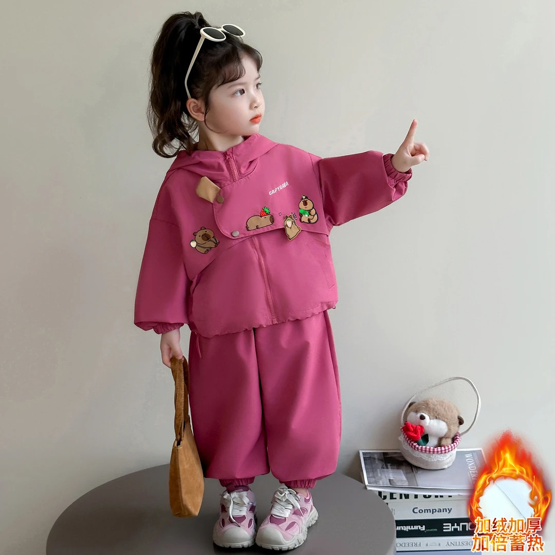 女童卡通工装夹棉套装洋气儿童秋冬季加厚运动装小女孩休闲两件套