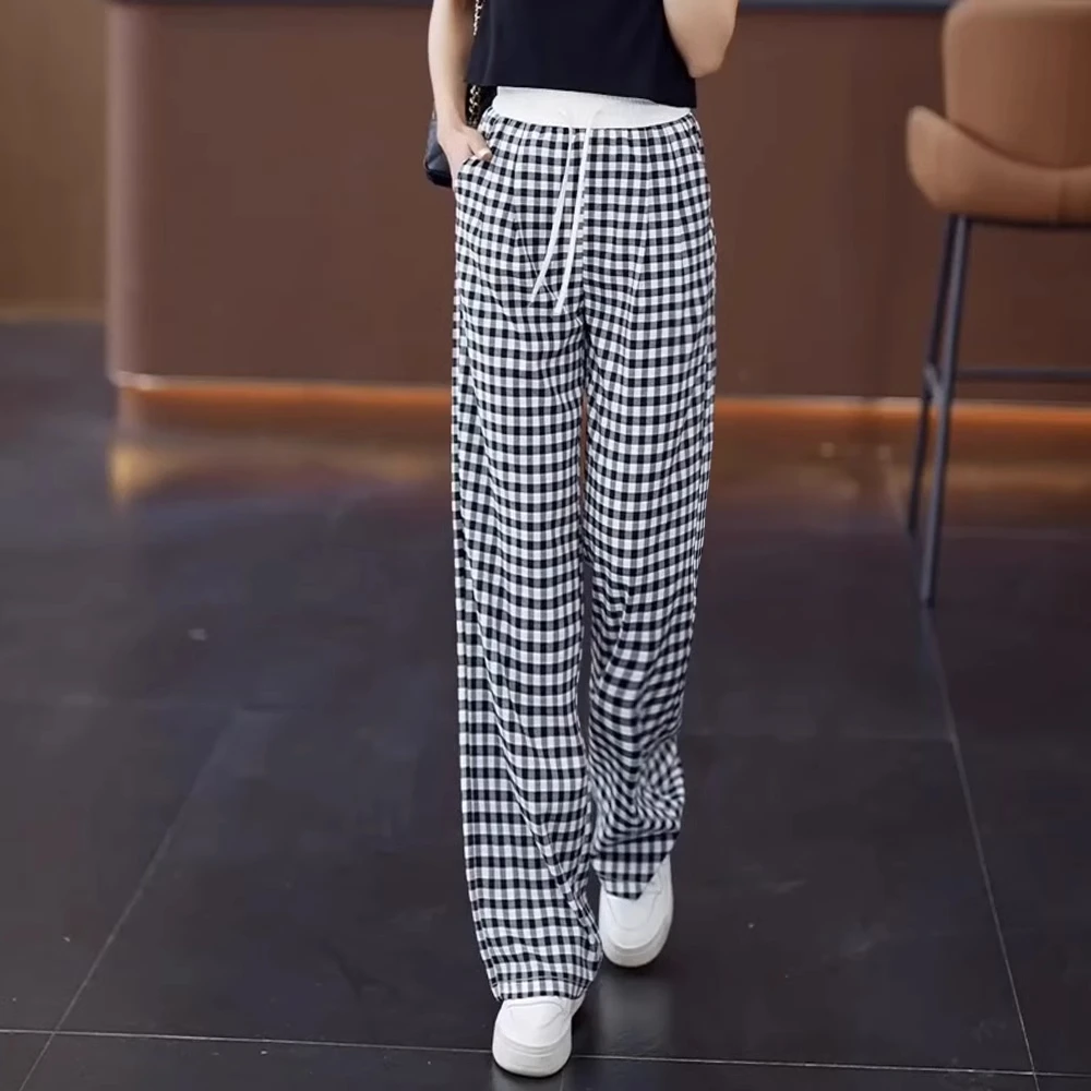 拉夏贝尔高腰休闲裤黑白格阔腿裤2025新款宽松夏季舒适垂感直筒裤