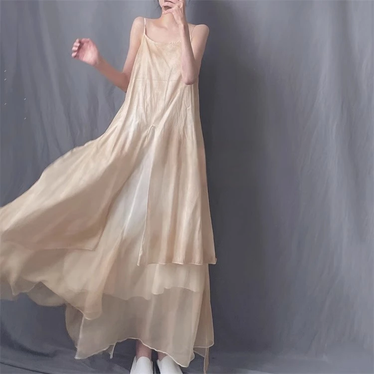 复古文艺棉麻吊带裙女2025夏季新款宽松休闲拼接不规则无袖大摆裙