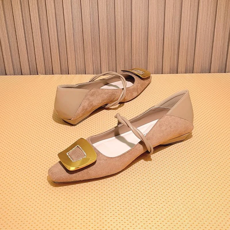 不累脚玛丽珍单鞋女坡跟秋冬加绒新款卡其色方头一字带平底鞋