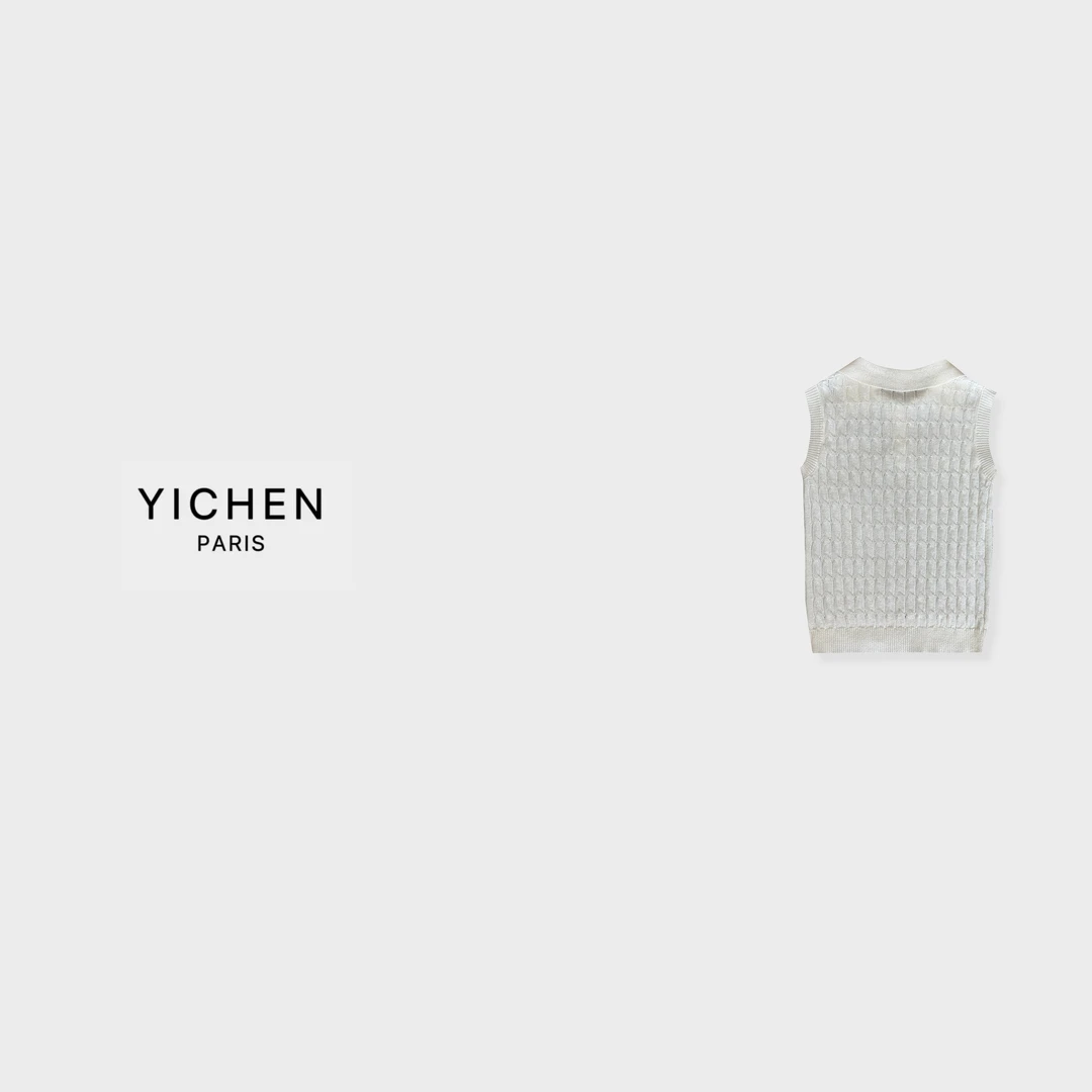 YC 米白色字母徽标立体绞花Polo领针织背心-6243