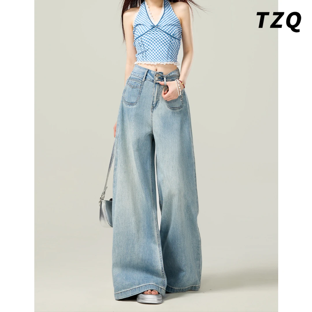 浅蓝色复古2025夏季新款阔腿牛仔裤女宽松拖地直筒裤子TZQ2540307