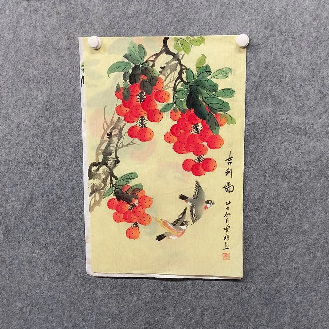 国画四尺三开花鸟一副