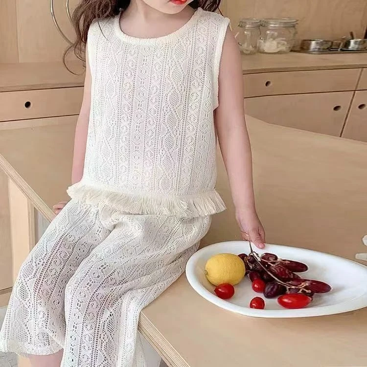 ZX女宝2025洋气夏装韩版套时尚镂空流苏无袖阔腿裤套装ZS-G-B10