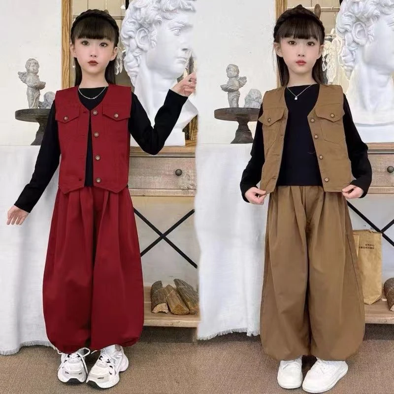 女童秋装套装新款女大童春秋季童装马甲休闲裤儿童时髦百搭萝卜裤