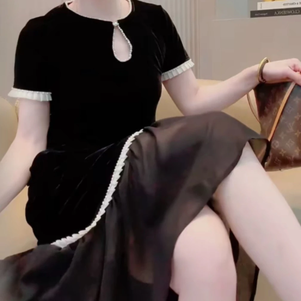 夏季新款重工短袖拼接弹力丝绒中长款显瘦减龄连衣裙