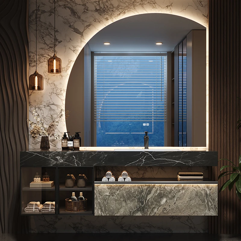 定制酒店风浴室柜组合岩板无缝陶瓷盆卫生间轻奢智能洗脸盆柜
