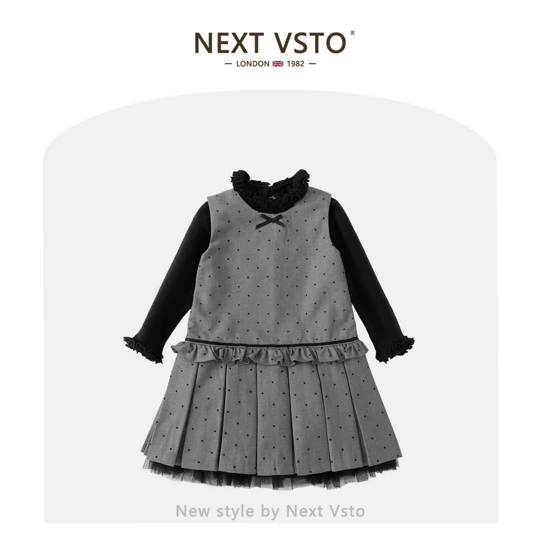 英国NEXT VSTO女童连衣裙春秋季高端小女孩打底衫波点背心裙套装