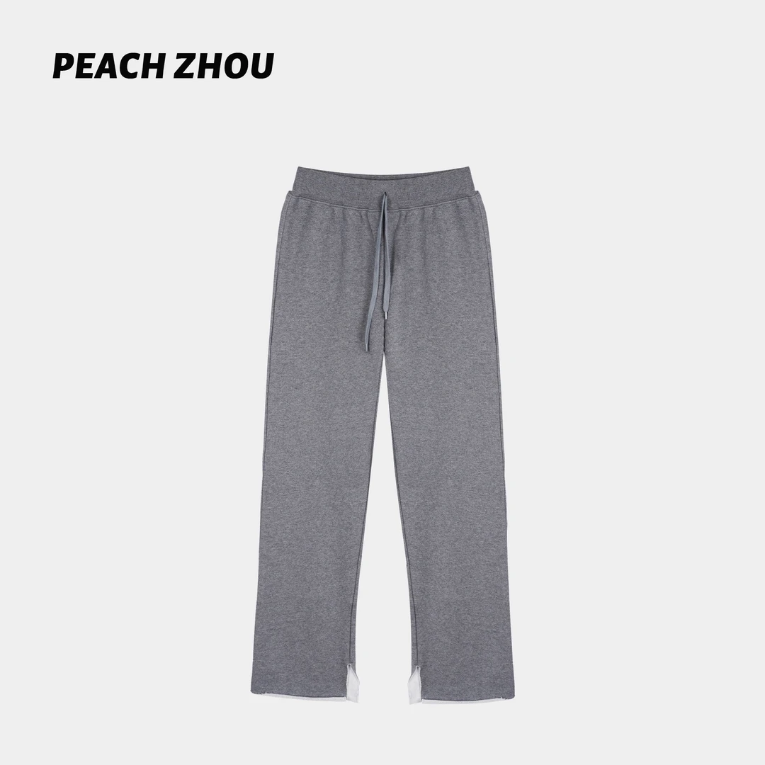 『PEACHZHOU』开衩卷边简约纯色宽松直筒休闲裤松紧腰百搭阔腿长裤