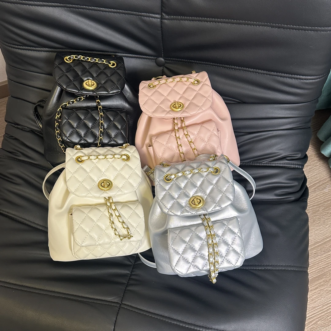 【礼礼】小香风双肩包菱格链条时尚设计感女水桶包包百搭小众质感