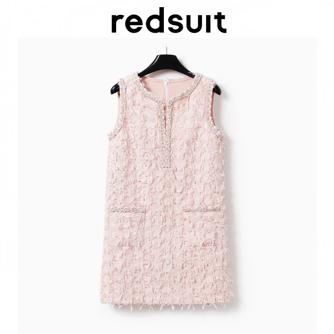 redsuit 高奢优雅重工花边小香风浪漫蝴蝶纱粉色无袖别致连衣裙